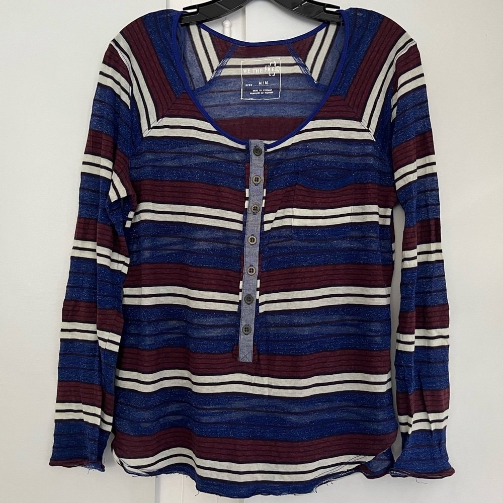 Free People, We The Free Glittery Red White & Blue m Lightweight Long Sleeve Top